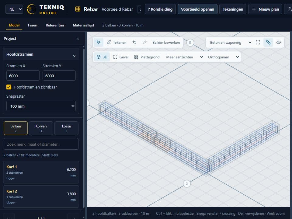 Betonbalken en wapening in de Rebar-werkplek